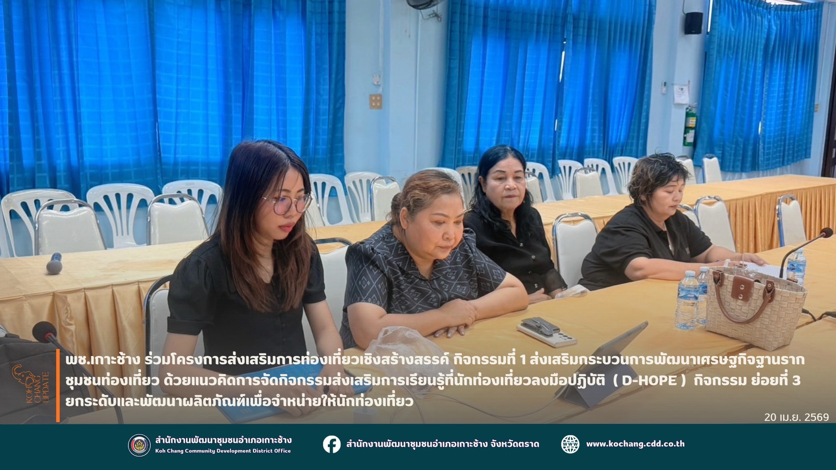 สพอ.เกาะช้าง ร่วมประชุมโครงการส่งเสริมการท่องเที่ยวเชิงสร้างสรรค์ กิจกรรมที่ ๑ ส่งเสริมกระบวนการพัฒนาเศรษฐกิจฐานรากชุมชนท่องเที่ยวด้วยแนวคิดการจัดกิจกรรมส่งเสริมการเรียนรู้ที่นักท่องเที่ยวลงมือปฏิบัติ (D-HOPE) กิจกรรมย่อยที่ ๓ ยกระดับและพัฒนาผลิตภัณฑ์เพื่อจำหน่ายให้นักท่องเที่ยว 