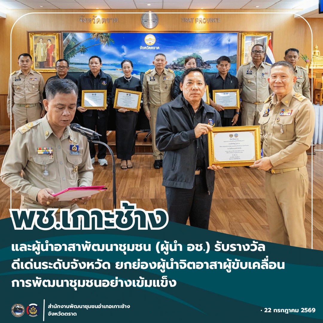 สพอ.เกาะช้าง และผู้นำอาสาพัฒนาชุมชน (ผู้นำ อช.) รับรางวัลดีเด่นระดับจังหวัด ยกย่องผู้นำจิตอาสาผู้ขับเคลื่อนการพัฒนาชุมชนอย่างเข้มแข็ง